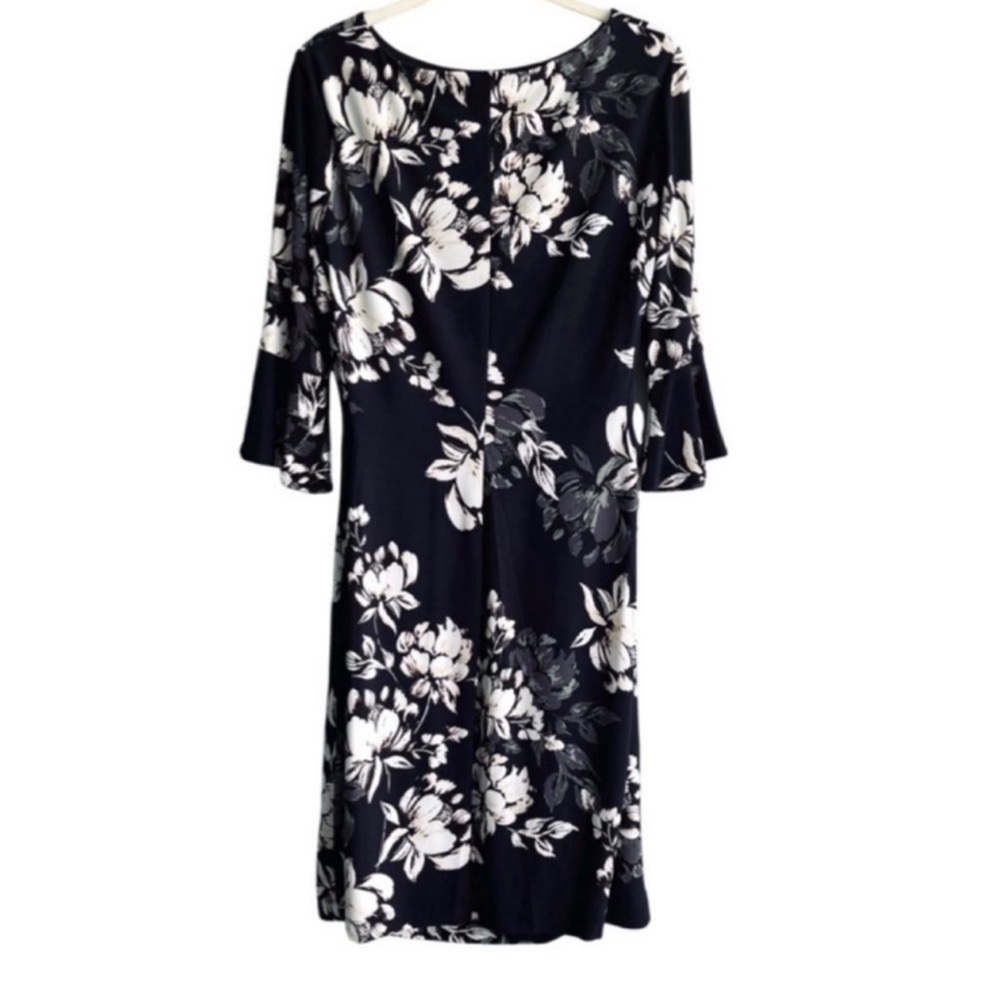 Anne Klein Bell Sleeve Floral Dress Ruched Jersey Sheath Black Gray Size 10 - Picture 2 of 11